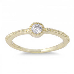 Sterling Silver Yellow Gold Plated Fine Stackable Ring with Clear Round CZ with Round Pave Halo Style Band, Face Height 4mm