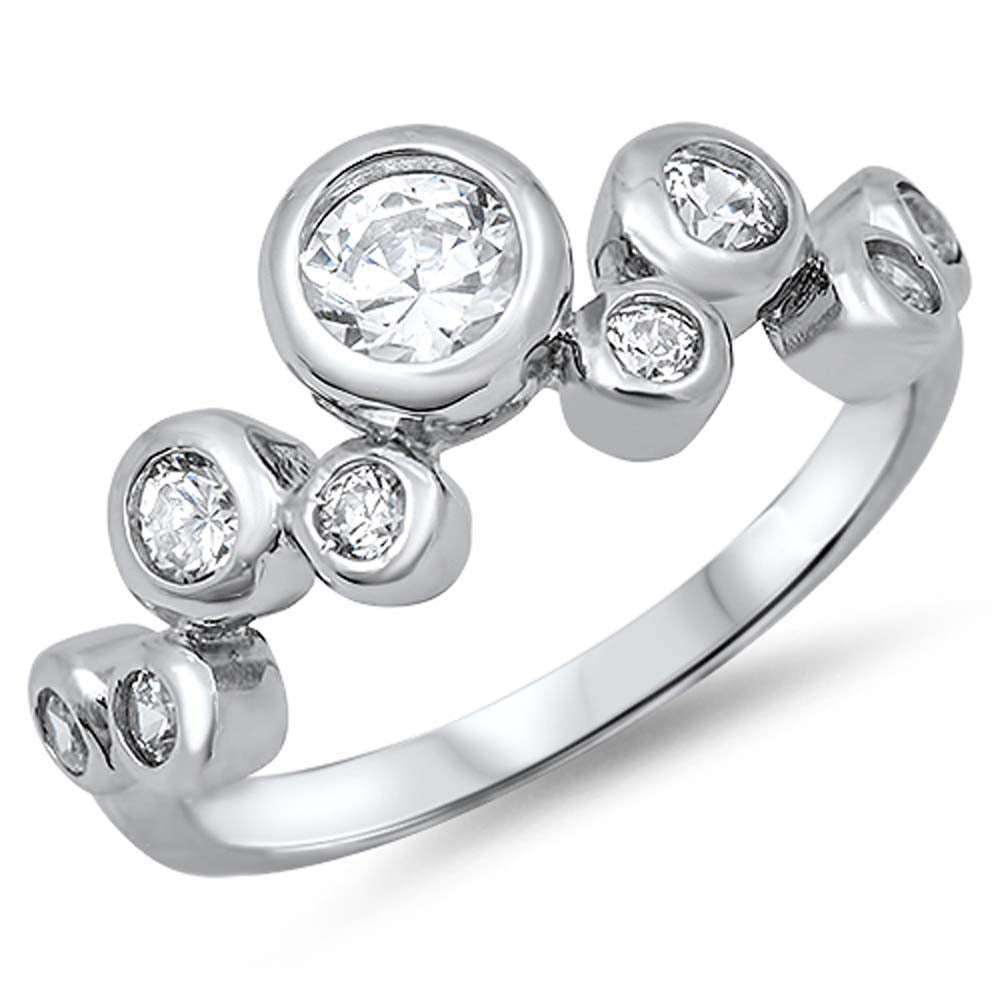 Sterling Silver Multi Pattern Round CZ on Bezel Setting Ring, Face Height of 8mm