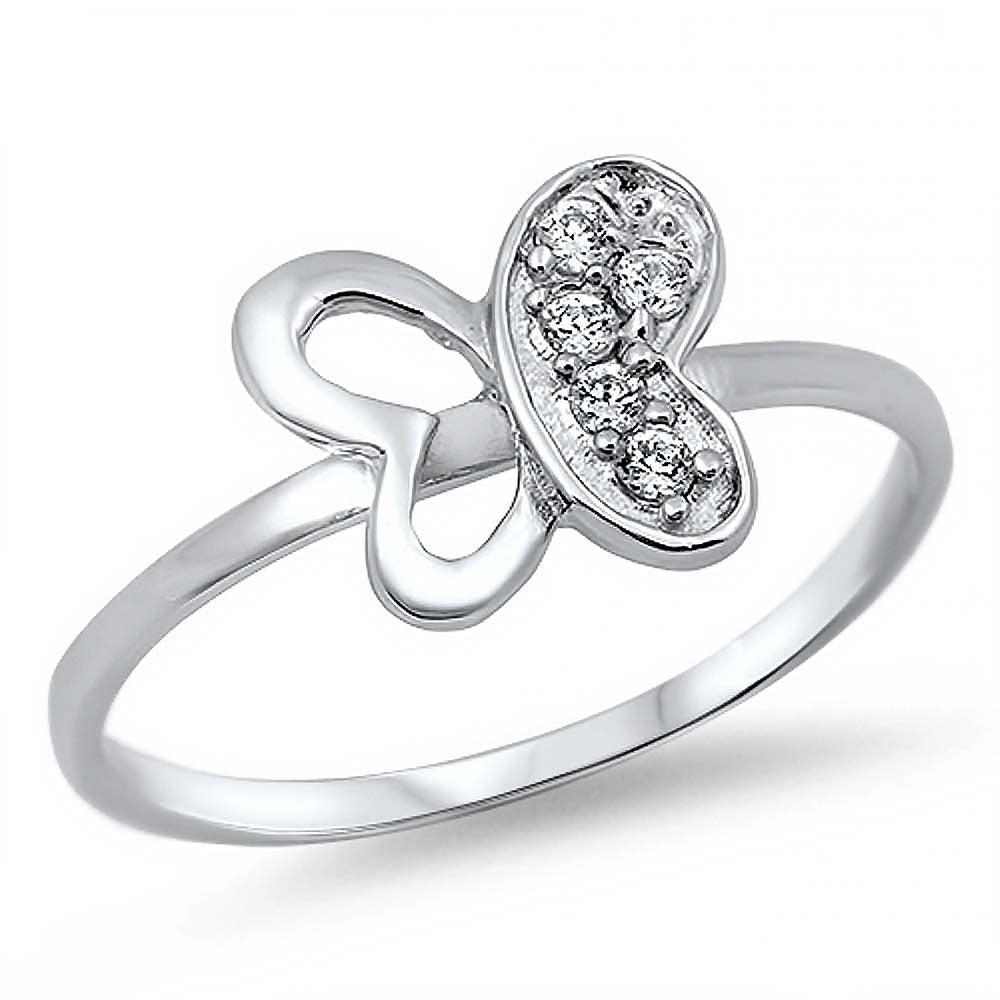 Sterling Silver Beautiful Butterfly Ring with Multi Clear CZ Half Pave Wing Design, Face Height of 9mm