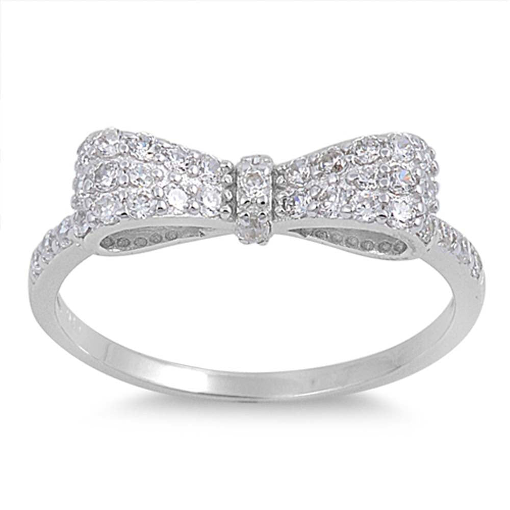 Sterling Silver Bow Ring Paved with Clear Simulated DieamondsAnd Face Hight of 5 MM