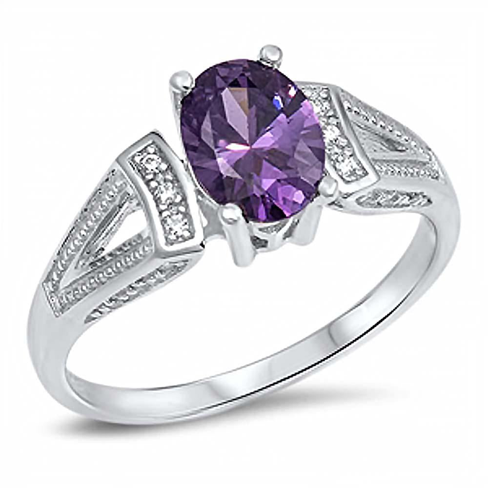 Sterling Silver Centered Solitaire Oval Prong Set with Amethyst Cz with Clear Czs Inlaid on Both Side Open Cut Band RingAnd Face Height of 8MM