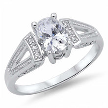 Load image into Gallery viewer, Sterling Silver Centered Solitaire Oval Prong Set with Clear Cz with Clear Czs Inlaid on Both Side Open Cut Band RingAnd Face Height of 8MM