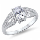 Sterling Silver Centered Solitaire Oval Prong Set with Clear Cz with Clear Czs Inlaid on Both Side Open Cut Band RingAnd Face Height of 8MM