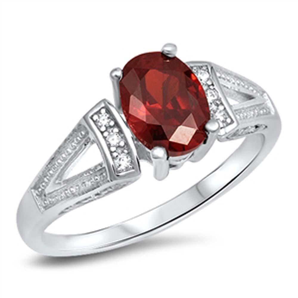 Sterling Silver Centered Solitaire Oval Prong Set with Garnet Cz with Clear Czs Inlaid on Both Side Open Cut Band RingAnd Face Height of 8MM