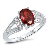 Sterling Silver Centered Solitaire Oval Prong Set with Garnet Cz with Clear Czs Inlaid on Both Side Open Cut Band RingAnd Face Height of 8MM