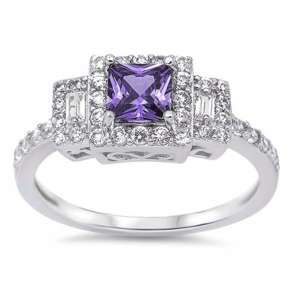 Sterling Silver Elegant Centered Filigree Prong Set with Princess Cut Amethyst Cz and Straight Baguette on Both Side with Halo Setting Eternity Band RingAnd Face Height of 8MM