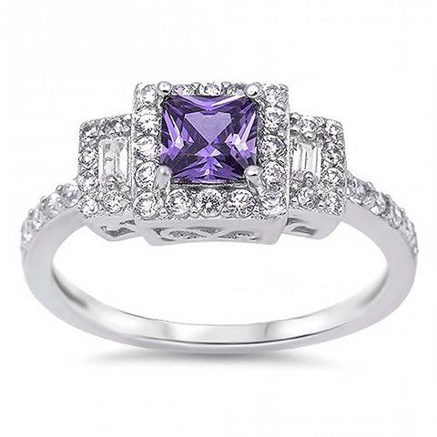 Sterling Silver Elegant Centered Filigree Prong Set with Princess Cut Amethyst Cz and Straight Baguette on Both Side with Halo Setting Eternity Band RingAnd Face Height of 8MM