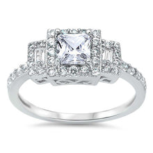 Load image into Gallery viewer, Sterling Silver Elegant Centered Filigree Prong Set with Princess Cut Clear Cz and Straight Baguette on Both Side with Halo Setting Eternity Band RingAnd Face Height of 8MM