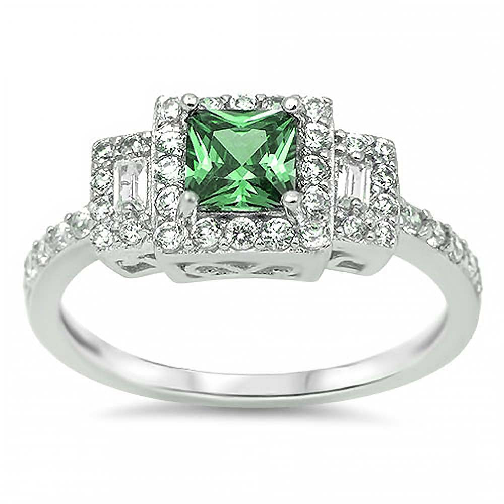 Sterling Silver Elegant Centered Filigree Prong Set with Princess Cut Emerald Cz and Straight Baguette on Both Side with Halo Setting Eternity Band RingAnd Face Height of 8MM