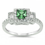 Sterling Silver Elegant Centered Filigree Prong Set with Princess Cut Emerald Cz and Straight Baguette on Both Side with Halo Setting Eternity Band RingAnd Face Height of 8MM