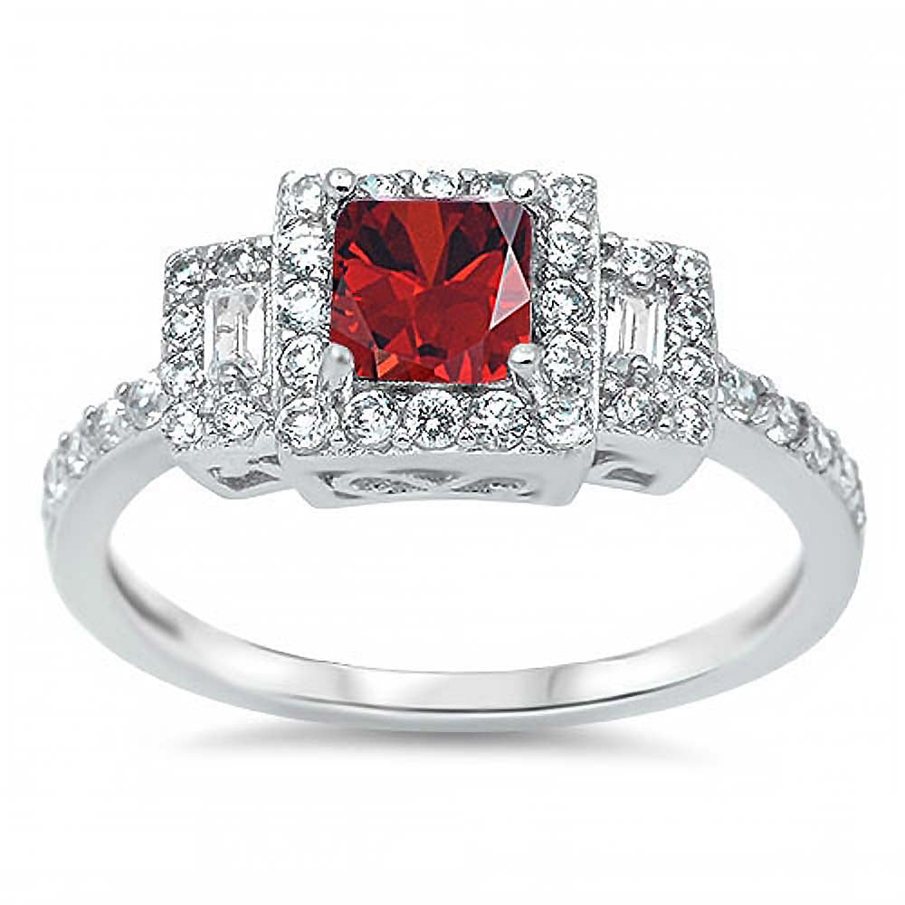 Sterling Silver Elegant Centered Filigree Prong Set with Princess Cut Garnet Cz and Straight Baguette on Both Side with Halo Setting Eternity Band RingAnd Face Height of 8MM