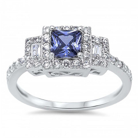 Sterling Silver Elegant Princess Cut Set with Tanzanite Cz and Straight Baguette Clear Cz on Both Side with Halo SettingAnd Face Height of 8MM