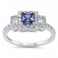 Sterling Silver Elegant Princess Cut Set with Tanzanite Cz and Straight Baguette Clear Cz on Both Side with Halo SettingAnd Face Height of 8MM
