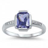 Sterling Silver Classy Radiant Cut Amethyst Cz on Center and Clear Czs Inlaid on Band Ring with Face Height of 10MM