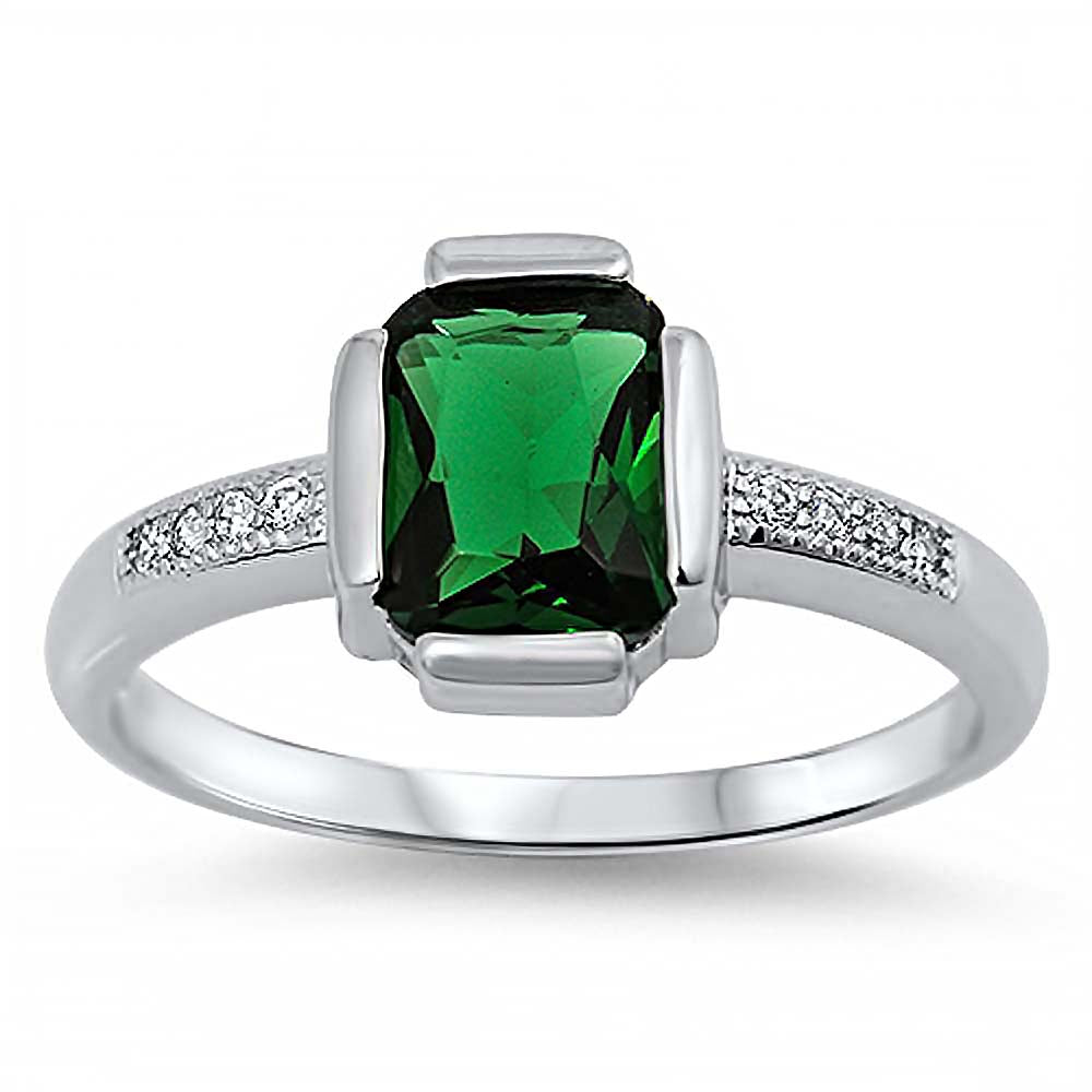 Sterling Silver Classy Radiant Cut Emerald Cz on Center and Clear Czs Inlaid on Band Ring with Face Height of 10MM