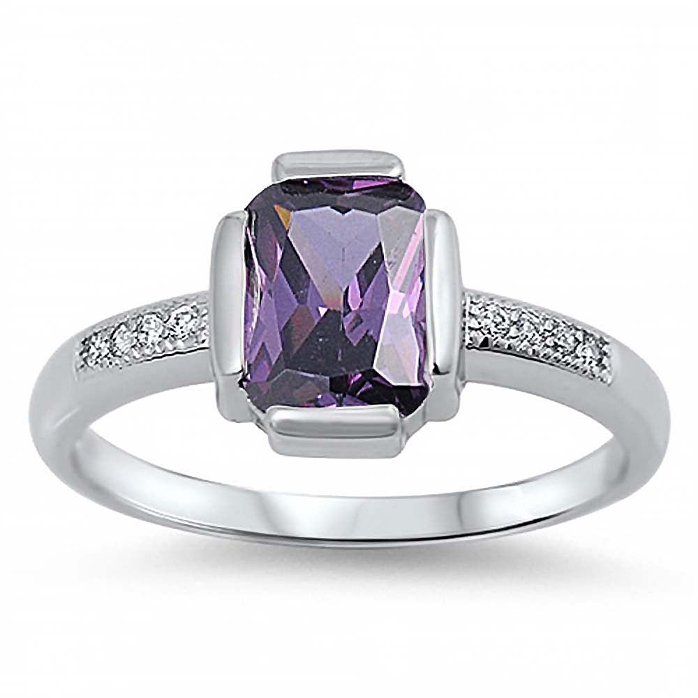 Sterling Silver Classy Radiant Cut Tanzanite Cz on Center and Clear Czs Inlaid on Band Ring with Face Height of 10MM