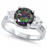 Sterling Silver Elegant 3 Stone Ring with Centered Rainbow Topaz Simulated Diamond On Prong SettingAnd Face Height 8MM