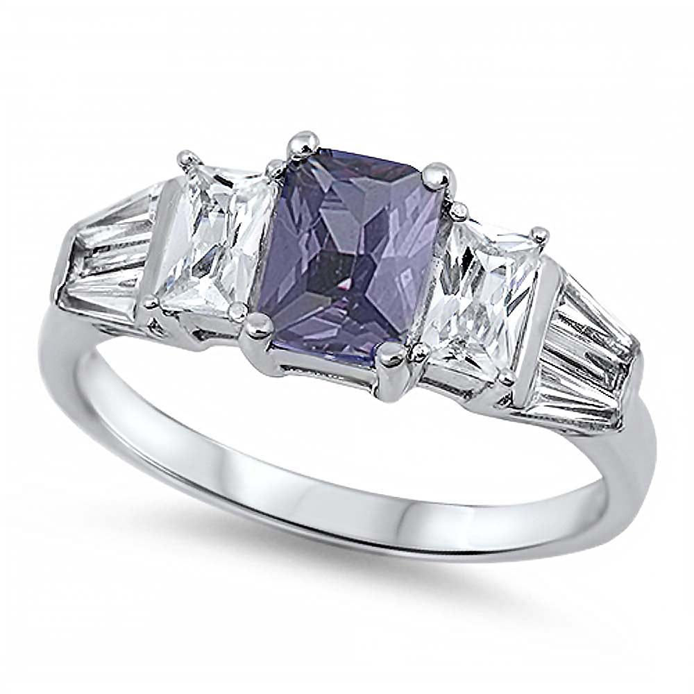 Sterling Silver Elegant Ring Three Radiant Cut Amethyst Cz on Center and Clear Cz on Both Side with Tapered BaguetteAnd Face Height of 7MM