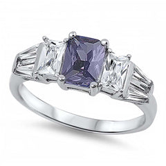 Sterling Silver Elegant Ring Three Radiant Cut Amethyst Cz on Center and Clear Cz on Both Side with Tapered BaguetteAnd Face Height of 7MM