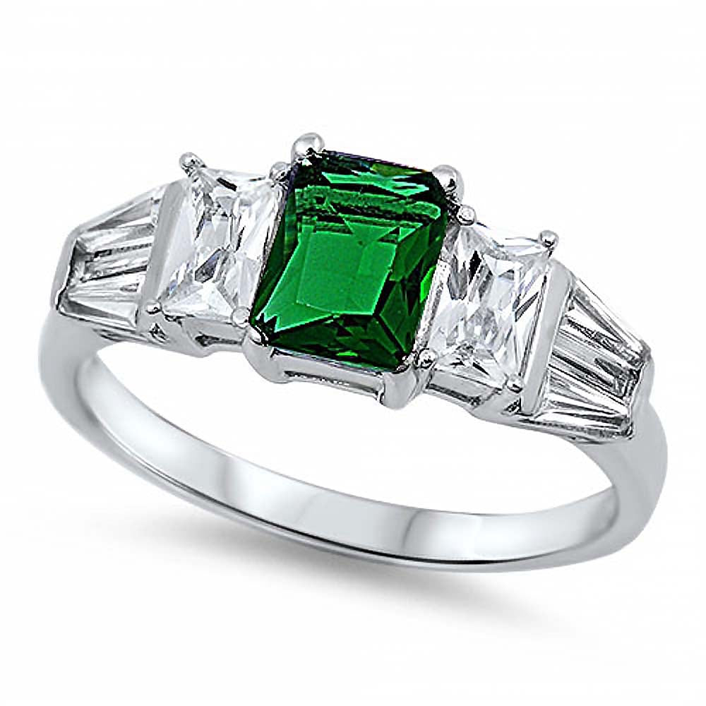 Sterling Silver Elegant Ring Three Radiant Cut Emerald Cz on Center and Clear Cz on Both Side with Tapered BaguetteAnd Face Height of 7MM