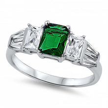 Load image into Gallery viewer, Sterling Silver Elegant Ring Three Radiant Cut Emerald Cz on Center and Clear Cz on Both Side with Tapered BaguetteAnd Face Height of 7MM