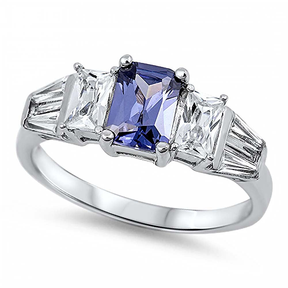 Sterling Silver Elegant Ring Three Radiant Cut Tanzanite Cz on Center and Clear Cz on Both Side with Tapered BaguetteAnd Face Height of 7MM