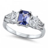 Sterling Silver Elegant Ring Three Radiant Cut Tanzanite Cz on Center and Clear Cz on Both Side with Tapered BaguetteAnd Face Height of 7MM