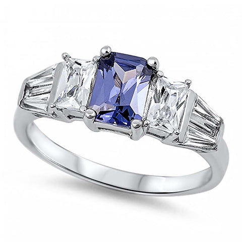 Sterling Silver Elegant Ring Three Radiant Cut Tanzanite Cz on Center and Clear Cz on Both Side with Tapered BaguetteAnd Face Height of 7MM