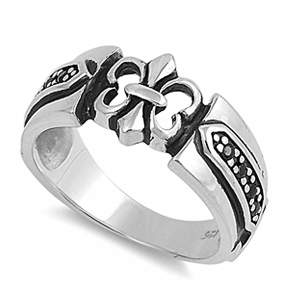 Sterling Silver Antique Style Fleur De Lise Design with Black Czs Inlaid Ring with Face Height of 9MM