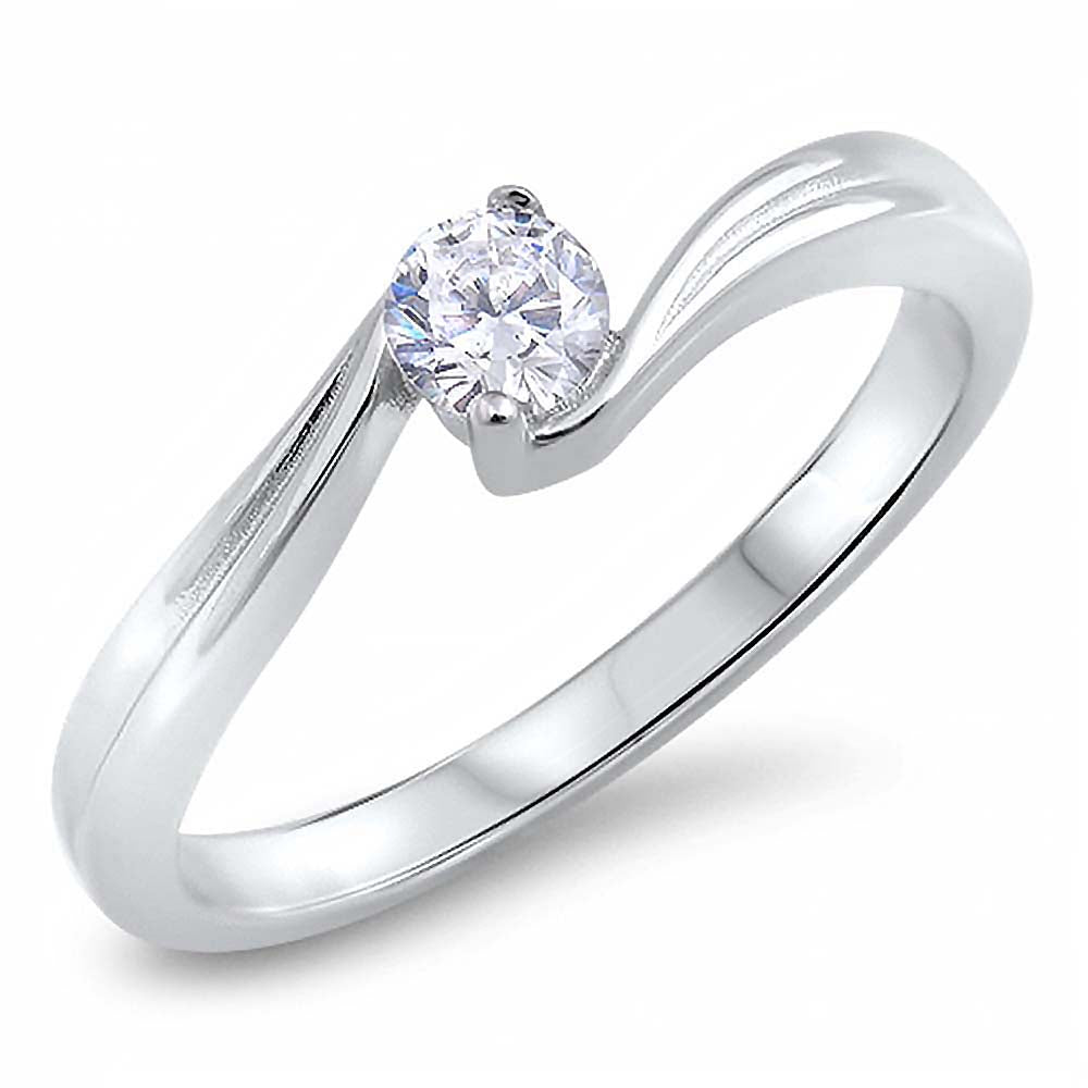 Sterling Silver Stylish Tension Set with Round Clear Cz Bypass Band RingAnd Face Height of 4MM