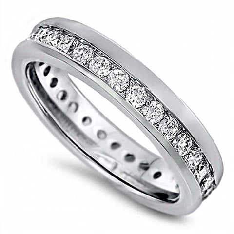 Sterling Silver Round Wedding Band Shaped Clear CZ RingAnd Face Width 4mm