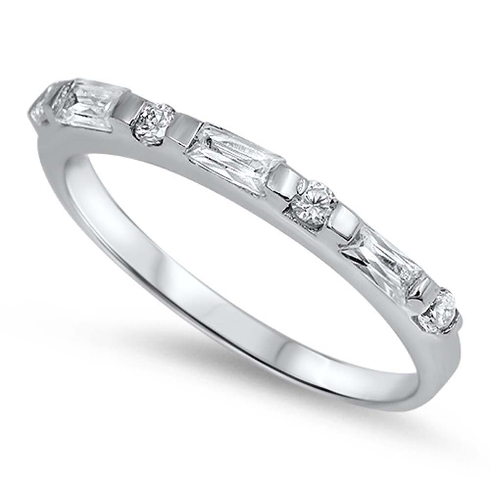 Sterling Silver Classy Ring Straight Baguette Clear Cz and Round Cut Cz In Between with Face Height of 2MM