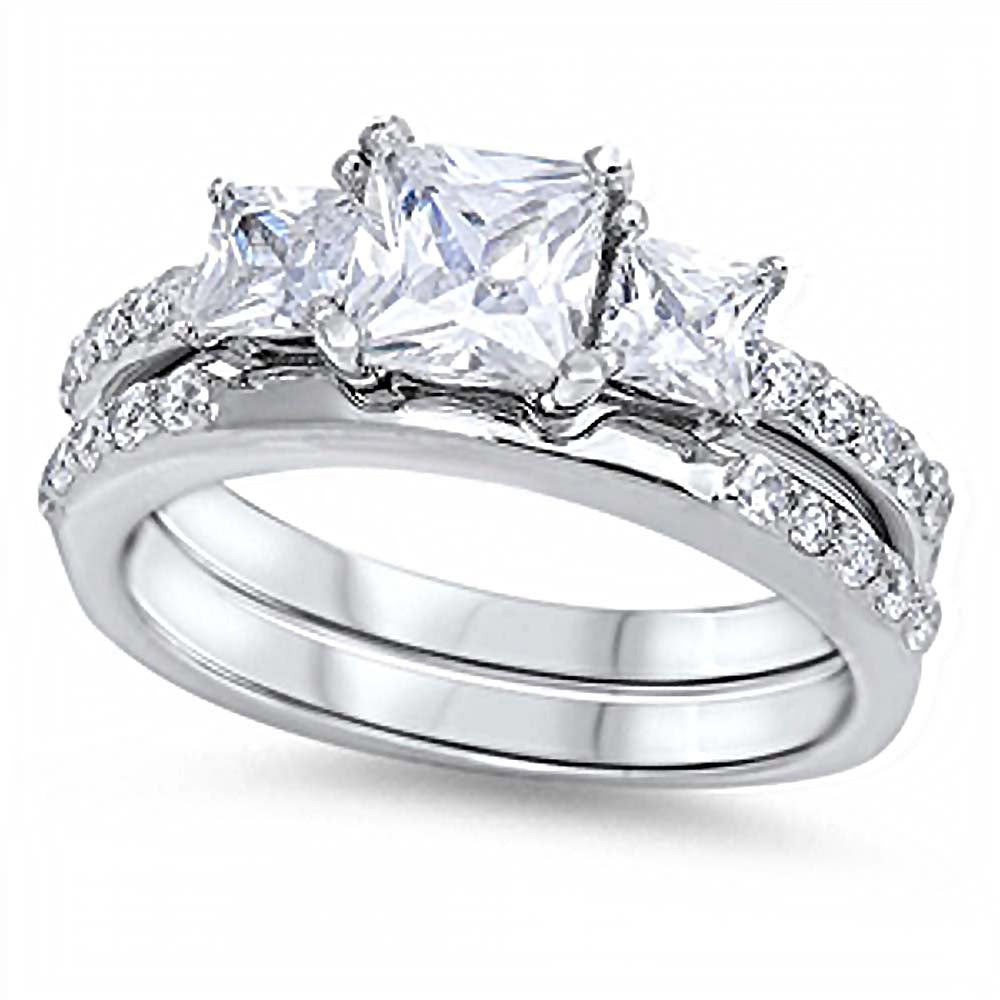 Sterling Silver 3 Stone Clear Princess Cut CZ And Halo Pave Style Bridal Set with Rhodium Finish, Center Stone Aprx .75 Carat