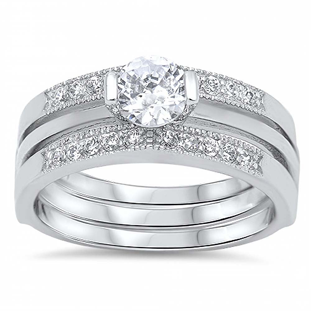 Sterling Silver Clear Round CZ Apr. .50 Carat on Half-Bezel Setting, Channel Style Triple Band Bridal Set with Rhodium Finish