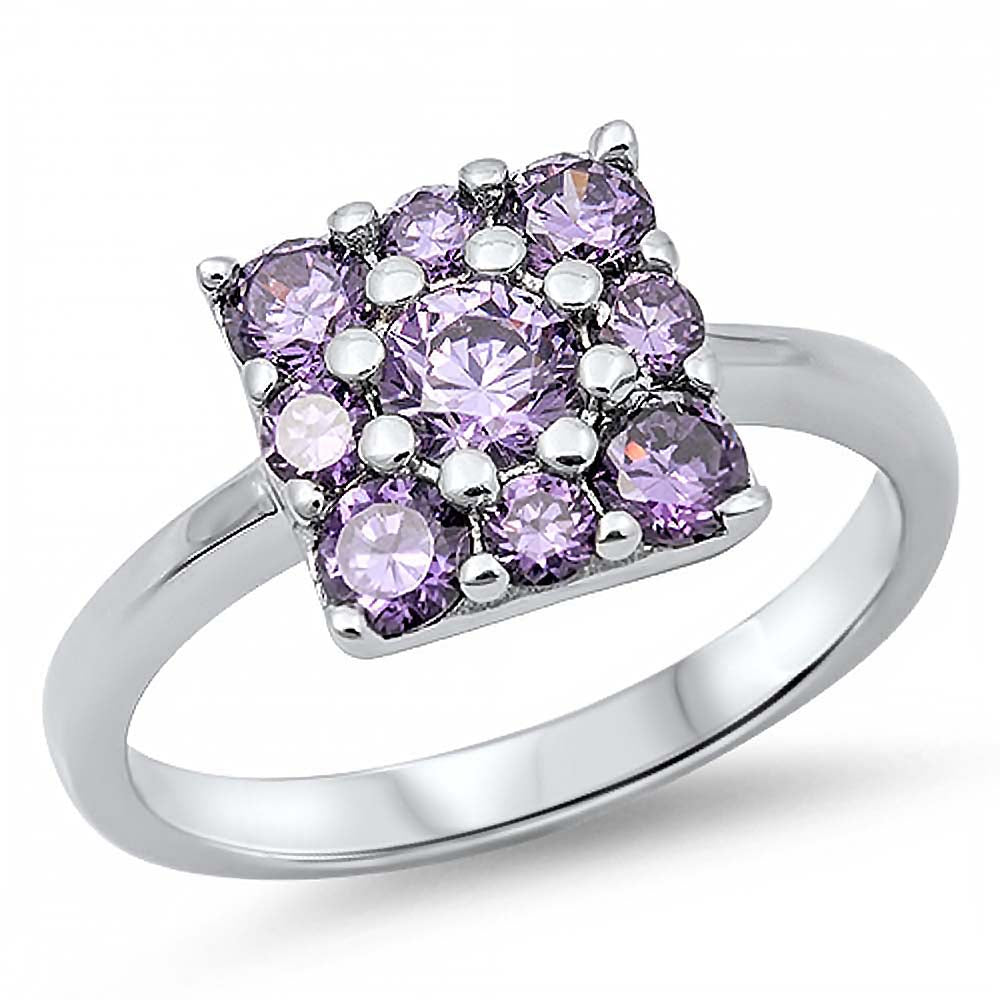 Sterling Silver Classy Square Shaped Prong Set with Round Cut Amethyst Czs RingAnd Face Height of 10MM