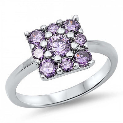 Sterling Silver Classy Square Shaped Prong Set with Round Cut Amethyst Czs RingAnd Face Height of 10MM