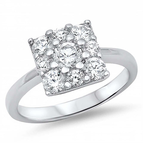 Sterling Silver Classy Square Shaped Prong Set with Round Cut Clear Czs RingAnd Face Height of 10MM