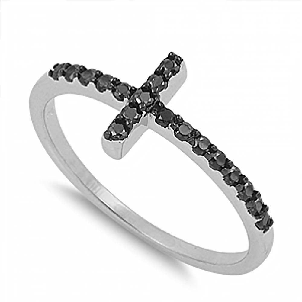 Sterling Silver Classy Thin Black CZ Pave Sideways Cross Ring with Face Height of 9MM