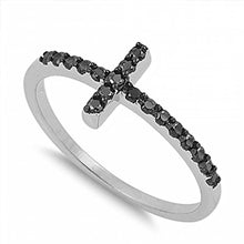 Load image into Gallery viewer, Sterling Silver Classy Thin Black Simulated Diamond Pave Sideways Cross Ring with Face Height of 9MM