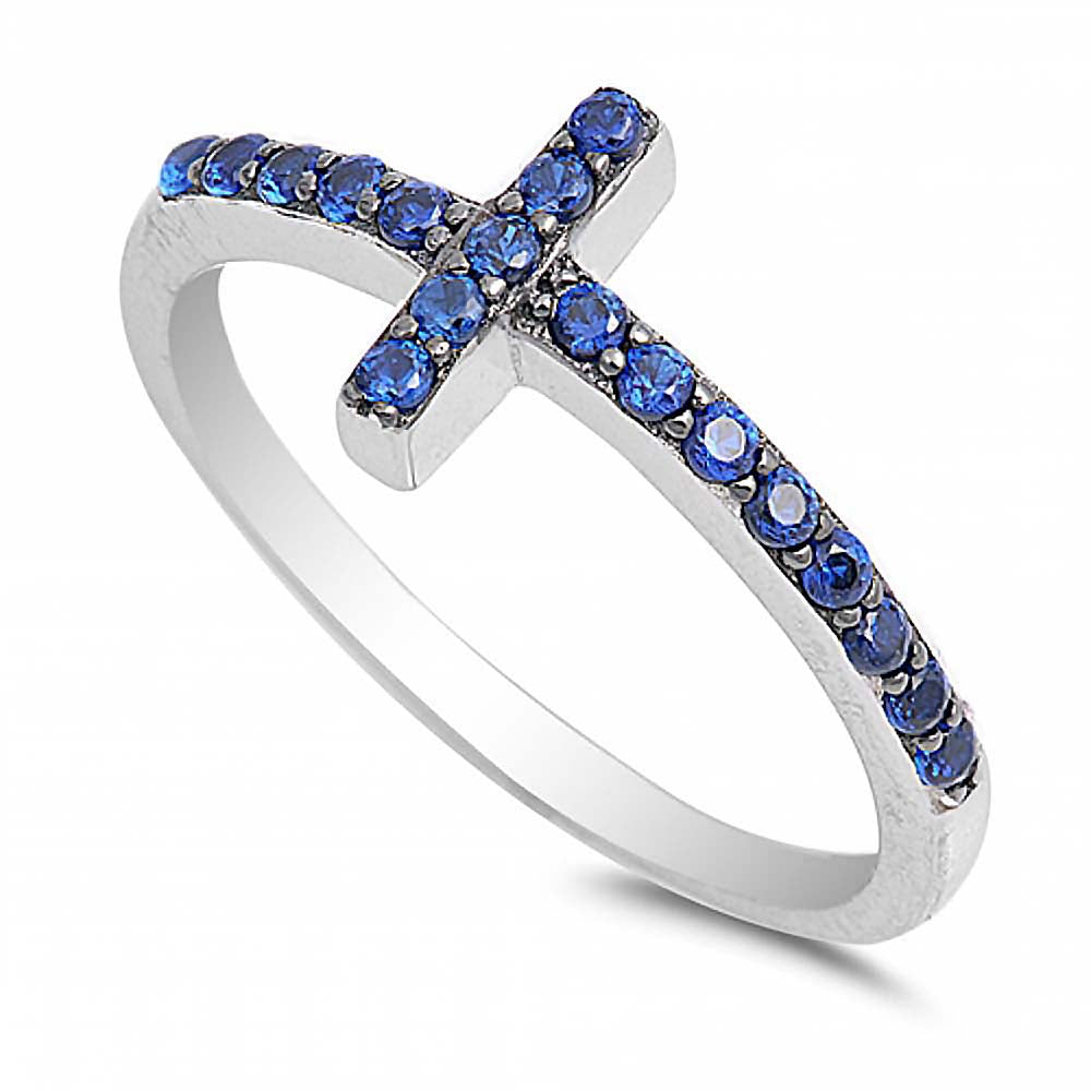 Sterling Silver Sideways Cross Shaped Blue Sapphire CZ RingAnd Face Height 9mm