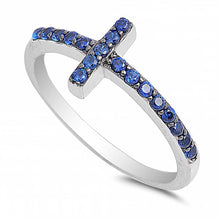 Load image into Gallery viewer, Sterling Silver Sideways Cross Shaped Blue Sapphire CZ RingAnd Face Height 9mm