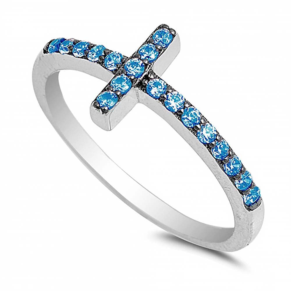 Sterling Silver Sideways Cross Shaped Blue Topaz CZ RingAnd Face Height 9mm