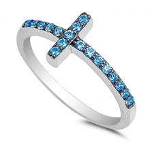 Load image into Gallery viewer, Sterling Silver Sideways Cross Shaped Blue Topaz CZ RingAnd Face Height 9mm