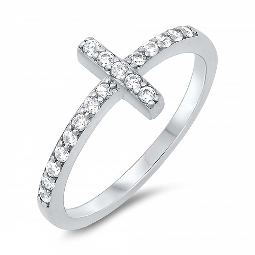 Sterling Silver Classy Thin CZ Pave Sideways Cross Ring with Face Height of 9MM