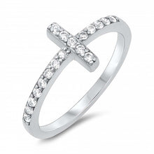 Load image into Gallery viewer, Sterling Silver Classy Thin Simulated Diamond Pave Sideways Cross Ring with Face Height of 9MM