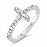 Sterling Silver Classy Thin Simulated Diamond Pave Sideways Cross Ring with Face Height of 9MM