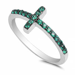 Sterling Silver Sideways Cross Shaped Emerald CZ RingAnd Face Height 9mm