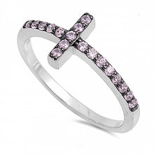 Load image into Gallery viewer, Sterling Silver Sideways Cross Shaped Pink CZ RingAnd Face Height 9mm