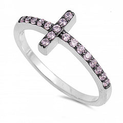 Sterling Silver Sideways Cross Shaped Pink CZ RingAnd Face Height 9mm