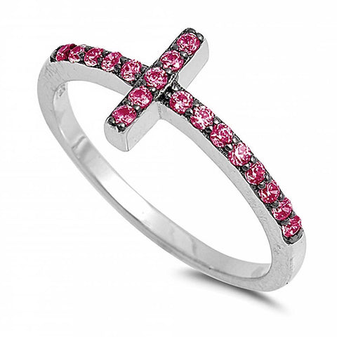 Sterling Silver Sideways Cross Shaped Ruby CZ RingAnd Face Height 9mm